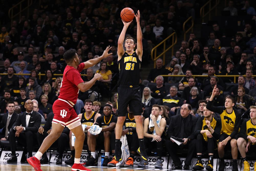 Iowa Hawkeyes forward Nicholas Baer (51) against the Indiana Hoosiers Friday, February 22, 2019 at Carver-Hawkeye Arena. (Brian Ray/hawkeyesports.com)