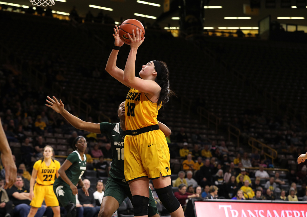 Iowa Hawkeyes forward Megan Gustafson (10) against the Michigan State Spartans Thursday, February 7, 2019 at Carver-Hawkeye Arena. (Brian Ray/hawkeyesports.com)