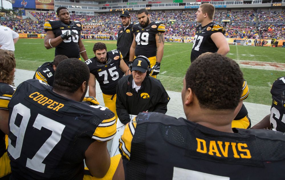 Iowa Hawkeyes defensive line coach Reese Morgan works with his unit during the second half of the Outback Bowl Jan. 1, 2014 in Tampa, Fla. (Brian Ray/hawkeyesports.com)