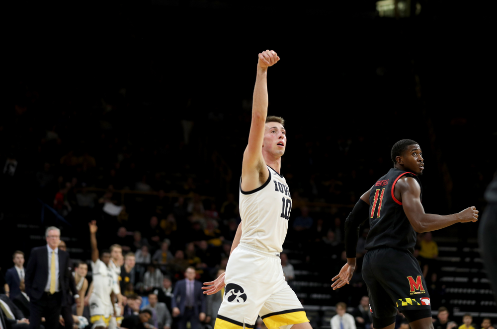 Iowa Hawkeyes guard Joe Wieskamp (10) celebrates a three point basket against the Maryland Terrapins Friday, January 10, 2020 at Carver-Hawkeye Arena. (Brian Ray/hawkeyesports.com)