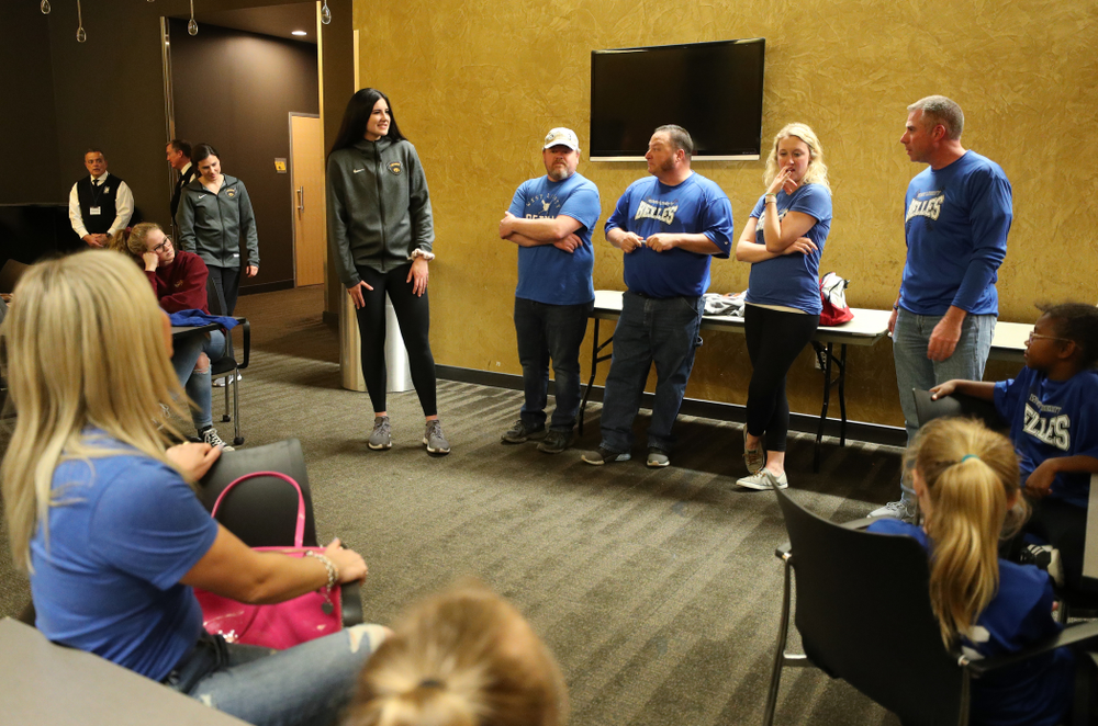 Iowa Hawkeyes forward Megan Gustafson (10) speaks to a group of young girls from West Liberty following teamÕs Celebr-Eight event Wednesday, April 24, 2019 at Carver-Hawkeye Arena. (Brian Ray/hawkeyesports.com)