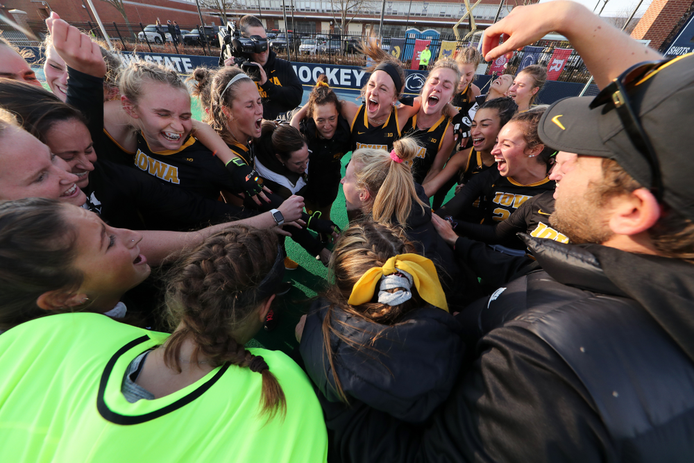 The Iowa Hawkeyes celebrate their victory over Penn State in the 2019 Big Ten Field Hockey Tournament Championship Game Sunday, November 10, 2019 in State College. (Brian Ray/hawkeyesports.com)
