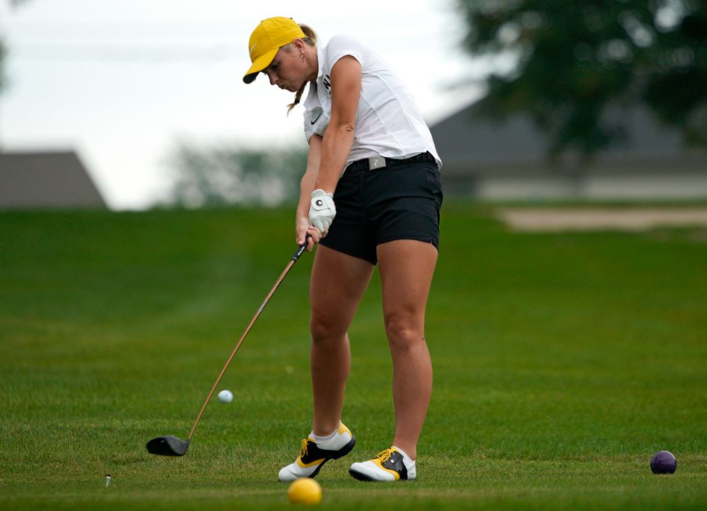 Iowa’s Lilly Gentzkow tees off during their dual against Northern Iowa at Pheasant Ridge Golf Course in Cedar Falls on Monday, Sep 2, 2019. (Stephen Mally/hawkeyesports.com)