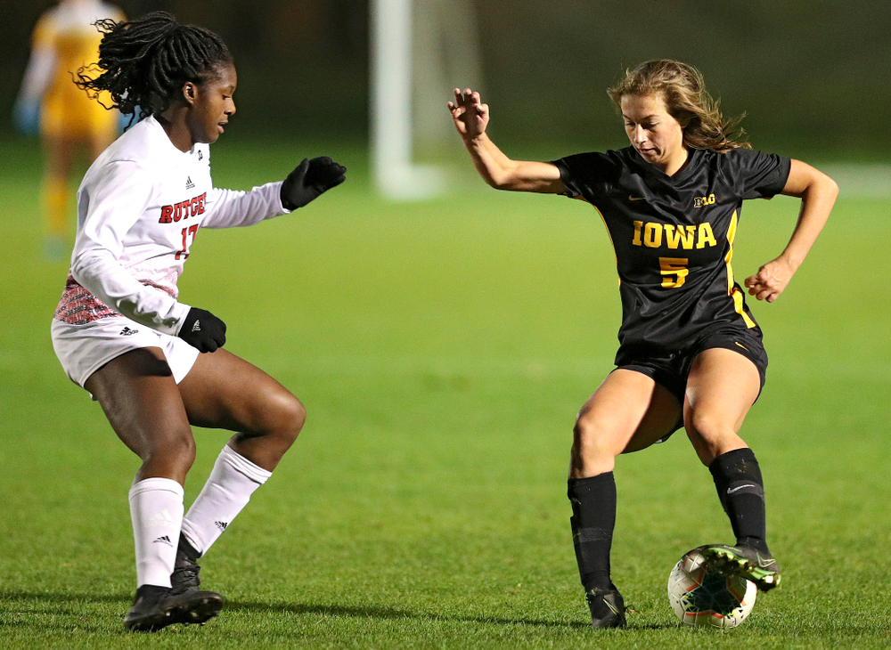 Iowa defender Riley Whitaker (5) moves with the ball during the second half of their match at the Iowa Soccer Complex in Iowa City on Friday, Oct 11, 2019. (Stephen Mally/hawkeyesports.com)