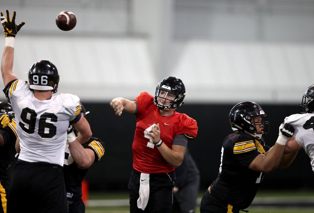 Iowa Hawkeyes quarterback Nate Stanley (4) during practice Wednesday, December 12, 2018 at the Hansen Football Performance Center in preparation for the Outback Bowl game against Mississippi State. (Brian Ray/hawkeyesports.com)