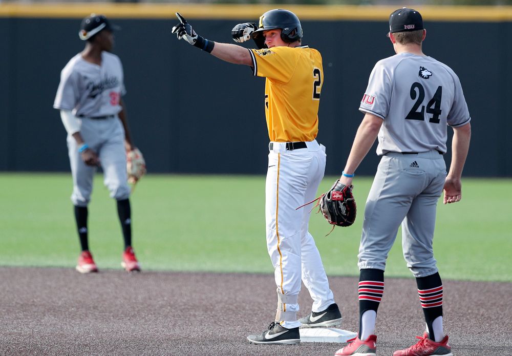 Iowa Hawkeyes second baseman Brendan Sher (2) celebrates on second base after hitting a double during the third inning of their game against Northern Illinois at Duane Banks Field in Iowa City on Tuesday, Apr. 16, 2019. (Stephen Mally/hawkeyesports.com)