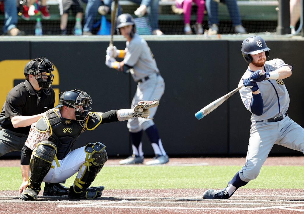 Iowa Hawkeyes catcher Austin Martin (34) frames a pitch during the second inning of their game against UC Irvine at Duane Banks Field in Iowa City on Sunday, May. 5, 2019. (Stephen Mally/hawkeyesports.com)