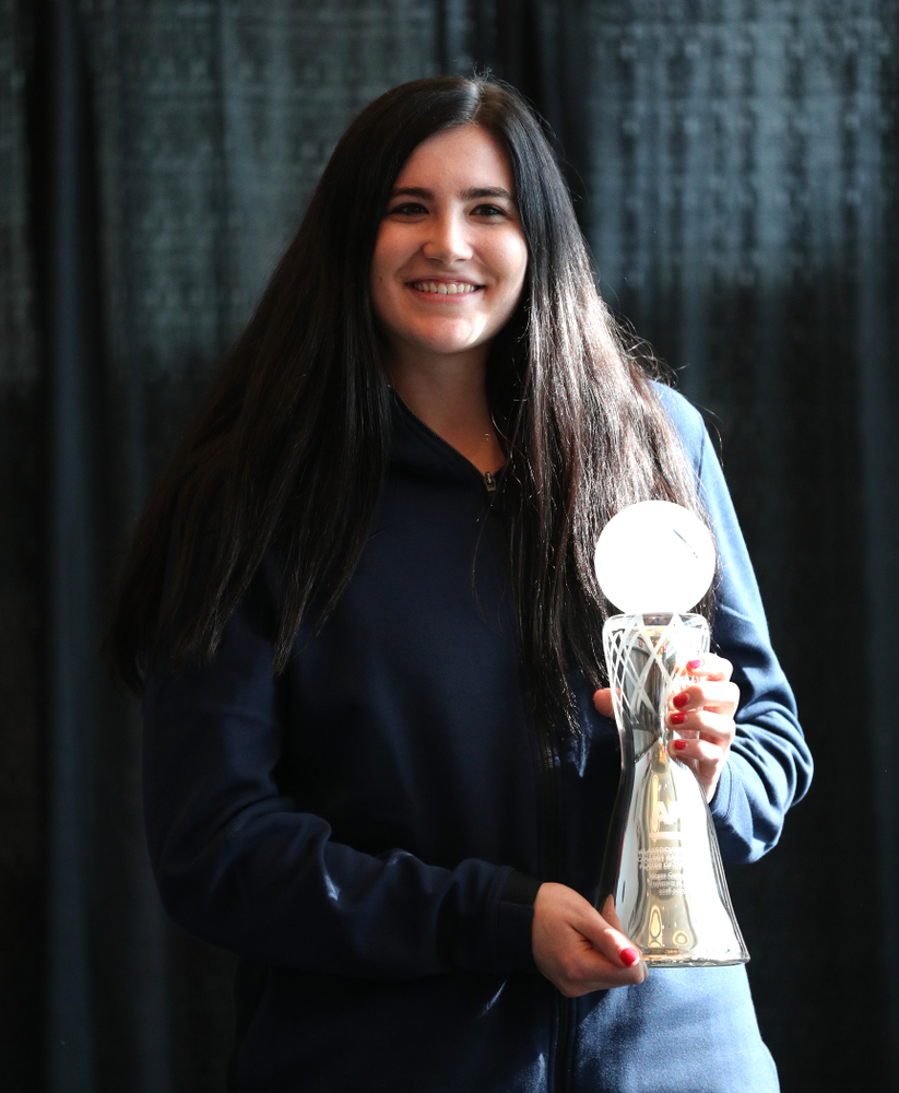 Iowa Hawkeyes forward Megan Gustafson (10) receives the Associated Press Player of the Year award during a news conference Wednesday, April 4, 2018 at Amalie Arena in Tampa, FL. (Brian Ray/hawkeyesports.com)