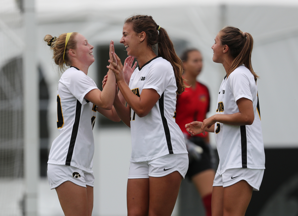 Iowa Hawkeyes defender Hannah Drkulec (17) celebrates after scoring during a 6-1 win over Northern Iowa Sunday, August 25, 2019 at the Iowa Soccer Complex. (Brian Ray/hawkeyesports.com)
