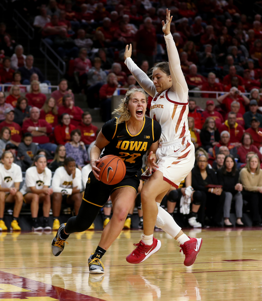 Iowa Hawkeyes guard Kathleen Doyle (22) against the Iowa State Cyclones Wednesday, December 11, 2019 at Hilton Coliseum in Ames, Iowa(Brian Ray/hawkeyesports.com)