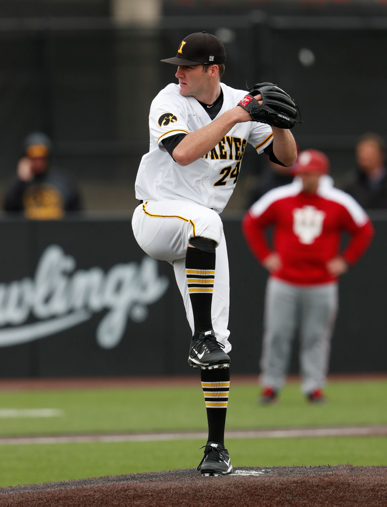 Iowa Hawkeyes pitcher Nick Allgeyer (24) during a double header against the Indiana Hoosiers Friday, March 23, 2018 at Duane Banks Field. (Brian Ray/hawkeyesports.com)