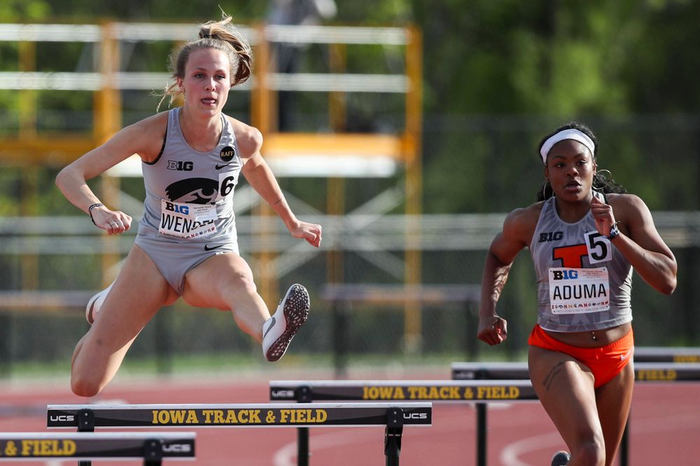 Iowa's Payton Wensel hurdles during the women's 400-meter hurdles at the Big Ten Outdoor Track and Field Championships at Francis X. Cretzmeyer Track on Friday, May 10, 2019. (Lily Smith/hawkeyesports.com)