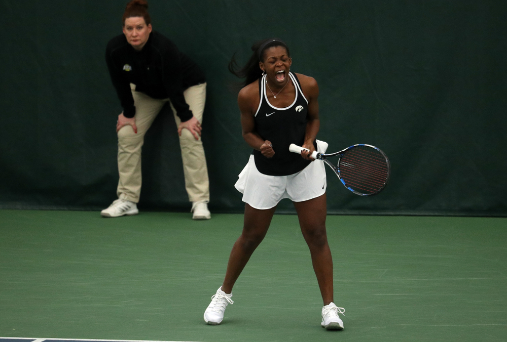 Iowa's Adorabol Huckleby during a doubles match against North Texas Sunday, January 20, 2019 at the Hawkeye Tennis and Recreation Center. (Brian Ray/hawkeyesports.com)