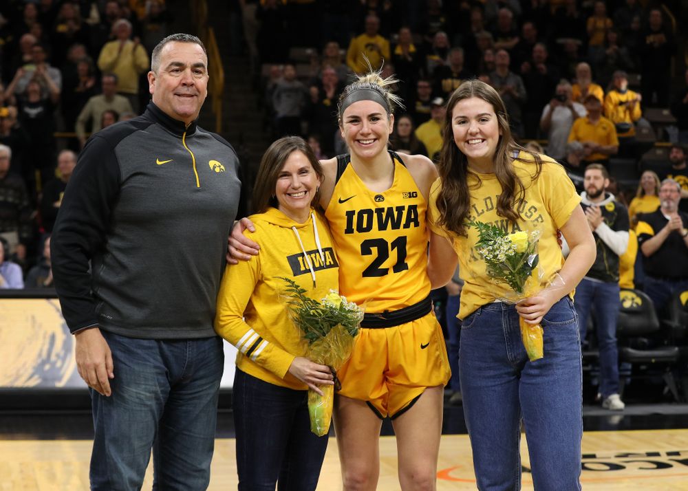 Iowa Hawkeyes forward Hannah Stewart (21) during senior day ceremonies following their game against the Northwestern Wildcats Sunday, March 3, 2019 at Carver-Hawkeye Arena. (Brian Ray/hawkeyesports.com)