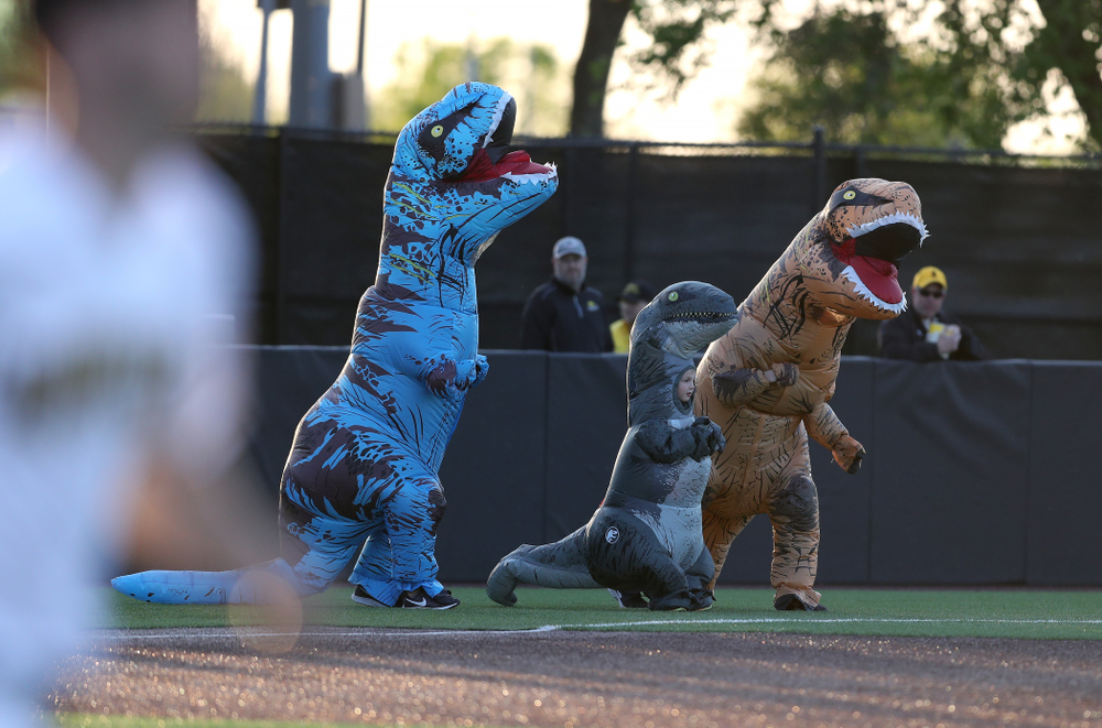 Connor Gorzelanny runs the dinosaur race during the Iowa Hawkeyes game against the Michigan State Spartans Friday, May 10, 2019 at Duane Banks Field. (Brian Ray/hawkeyesports.com)