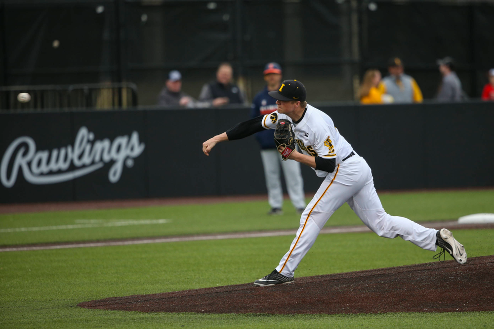 Iowa pitcher Trace Hoffman at game 1 vs Illinois on Friday, March 29, 2019 at Duane Banks Field. (Lily Smith/hawkeyesports.com)