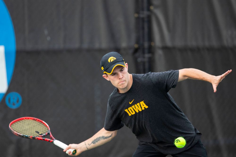 IowaÕs Jonas Larsen at tennis vs Illinois State on Sunday, April 21, 2019 at the Hawkeye Tennis and Recreation Complex. (Lily Smith/hawkeyesports.com)