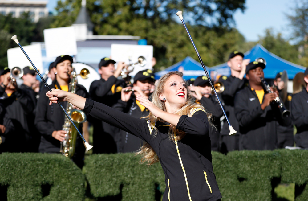Hawkeye Marching Band Golden Girl Kylene Spanbauer as BTN Tailgate does a live show Saturday, September 22, 2018 at Hubbard Park on the University of Iowa Campus. (Brian Ray/hawkeyesports.com)