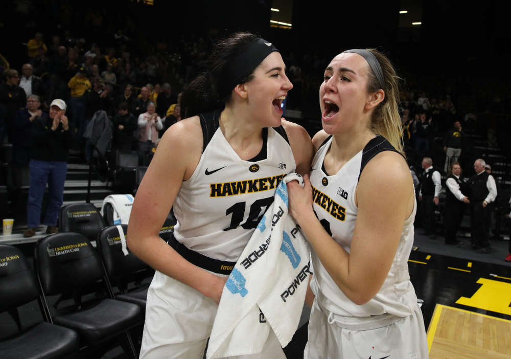 Iowa Hawkeyes forward Megan Gustafson (10) and forward Hannah Stewart (21) against the Rutgers Scarlet Knights Wednesday, January 23, 2019 at Carver-Hawkeye Arena. (Brian Ray/hawkeyesports.com)