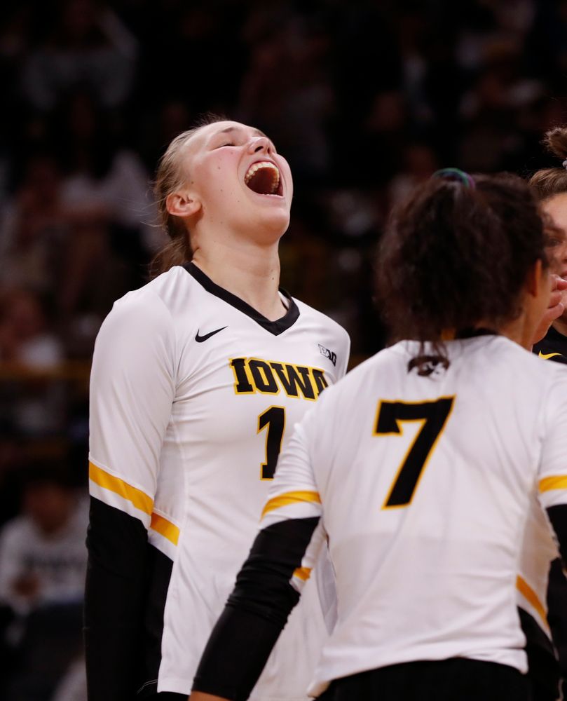 Iowa Hawkeyes outside hitter Cali Hoye (14) against the Michigan State Spartans Friday, September 21, 2018 at Carver-Hawkeye Arena. (Brian Ray/hawkeyesports.com)
