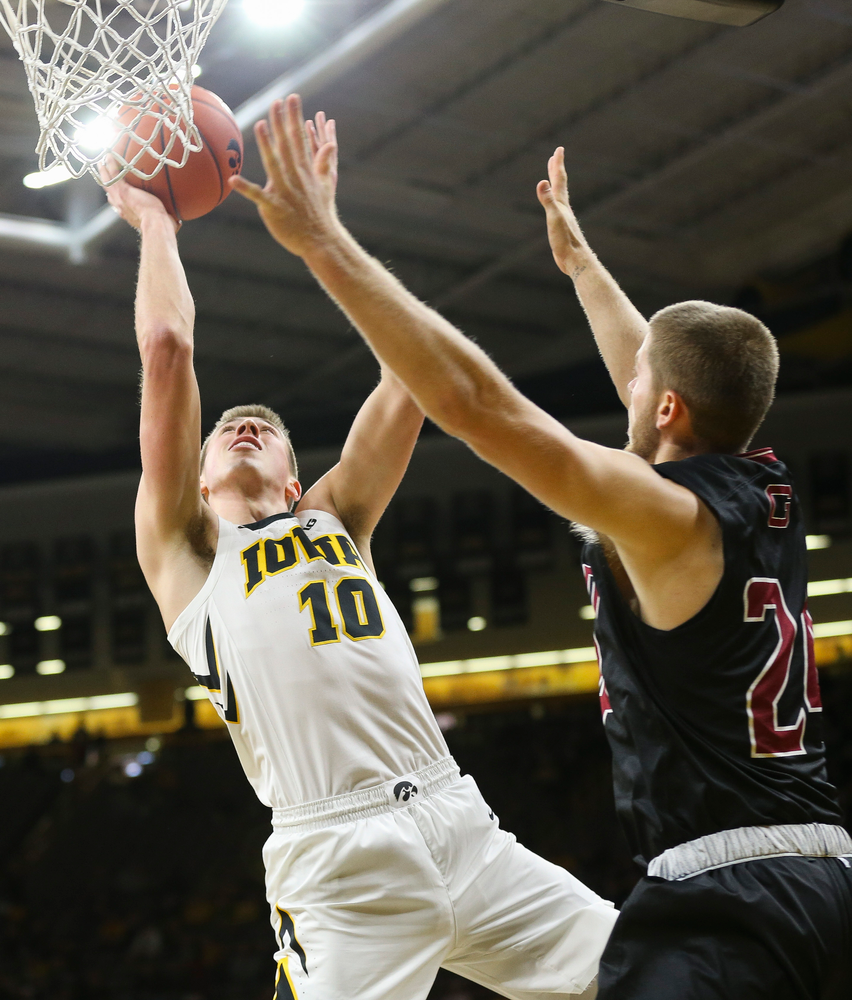 Iowa Hawkeyes guard Joe Wieskamp (10) goes up for a shot near the rim during a game against Guilford College at Carver-Hawkeye Arena on November 4, 2018. (Tork Mason/hawkeyesports.com)