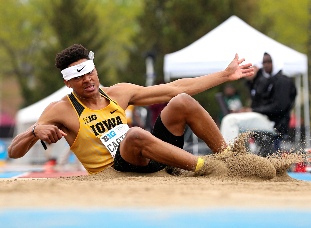Iowa's James Carter jumps in the men’s triple jump event on the third day of the Big Ten Outdoor Track and Field Championships at Francis X. Cretzmeyer Track in Iowa City on Sunday, May. 12, 2019. (Stephen Mally/hawkeyesports.com)
