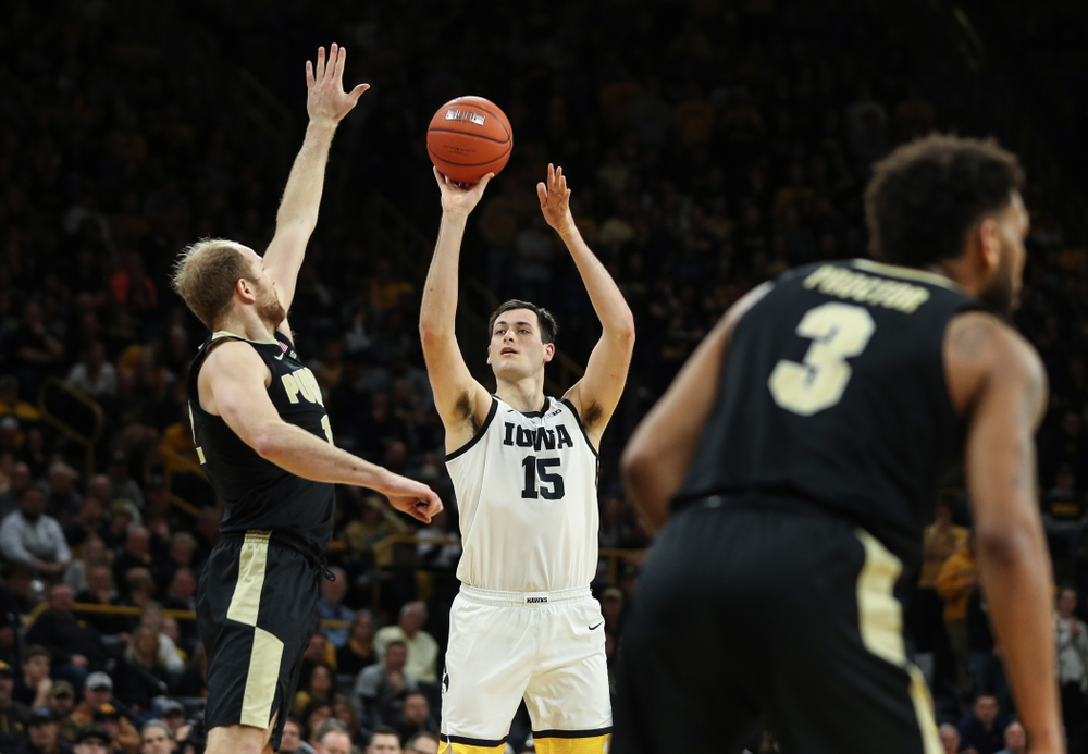 Iowa Hawkeyes forward Ryan Kriener (15) against the Purdue Boilermakers Tuesday, March 3, 2020 at Carver-Hawkeye Arena. (Brian Ray/hawkeyesports.com)