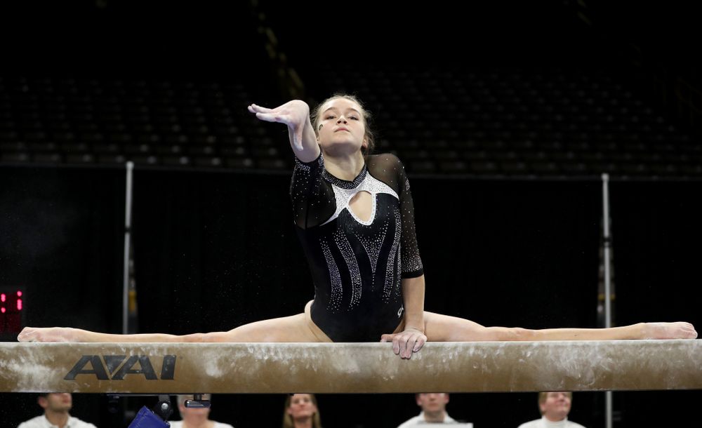 Iowa’s Mackenzie Vance competes on the beam against Michigan State Saturday, February 1, 2020 at Carver-Hawkeye Arena. (Brian Ray/hawkeyesports.com)