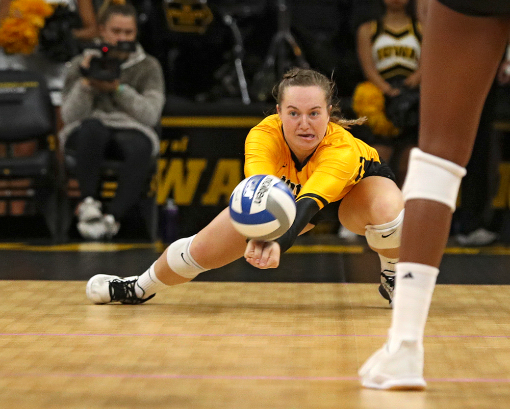 Iowa’s Joslyn Boyer (1) gets a dig during their match at Carver-Hawkeye Arena in Iowa City on Sunday, Oct 20, 2019. (Stephen Mally/hawkeyesports.com)