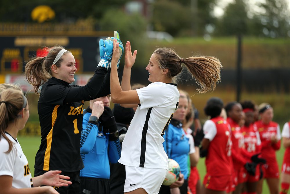 Iowa Hawkeyes goalkeeper Claire Graves (1) and midfielder Isabella Blackman (6) against the Maryland Terrapins Sunday, October 13, 2019 on senior day. (Brian Ray/hawkeyesports.com)