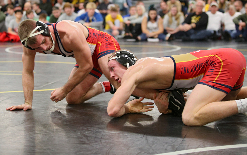 Iowa’s Kaleb Young (right) controls the leg of Zach Axmear during their preseason match at the Dan Gable Wrestling Complex at Carver-Hawkeye Arena in Iowa City on Friday, Nov 8, 2019. (Stephen Mally/hawkeyesports.com)