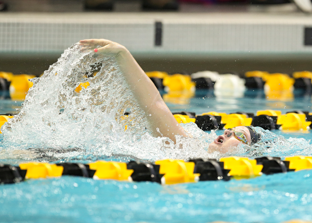 Iowa’s Georgia Clark swims in the women’s 200 yard backstroke preliminary event during the 2020 Women’s Big Ten Swimming and Diving Championships at the Campus Recreation and Wellness Center in Iowa City on Saturday, February 22, 2020. (Stephen Mally/hawkeyesports.com)