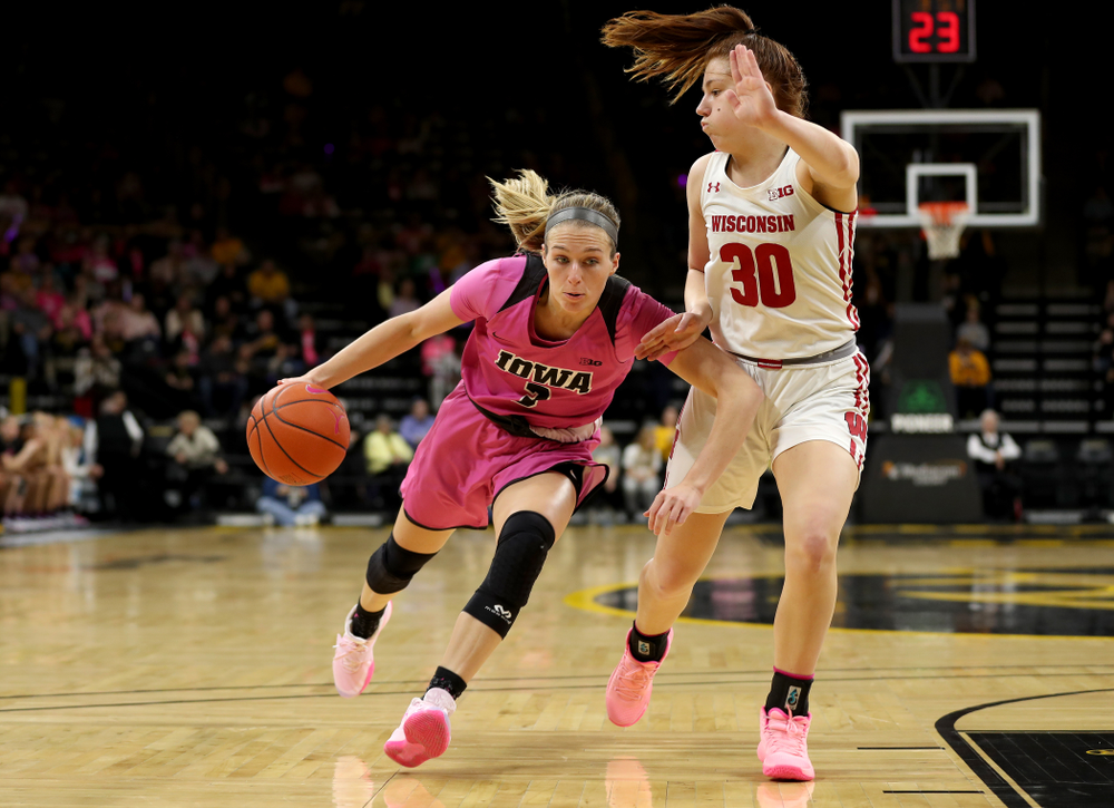 Iowa Hawkeyes guard Makenzie Meyer (3) against the Wisconsin Badgers Sunday, February 16, 2020 at Carver-Hawkeye Arena. (Brian Ray/hawkeyesports.com)
