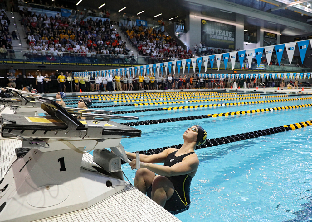 Iowa’s Julia Koluch swims the women’s 100 yard backstroke preliminary event during the 2020 Women’s Big Ten Swimming and Diving Championships at the Campus Recreation and Wellness Center in Iowa City on Friday, February 21, 2020. (Stephen Mally/hawkeyesports.com)