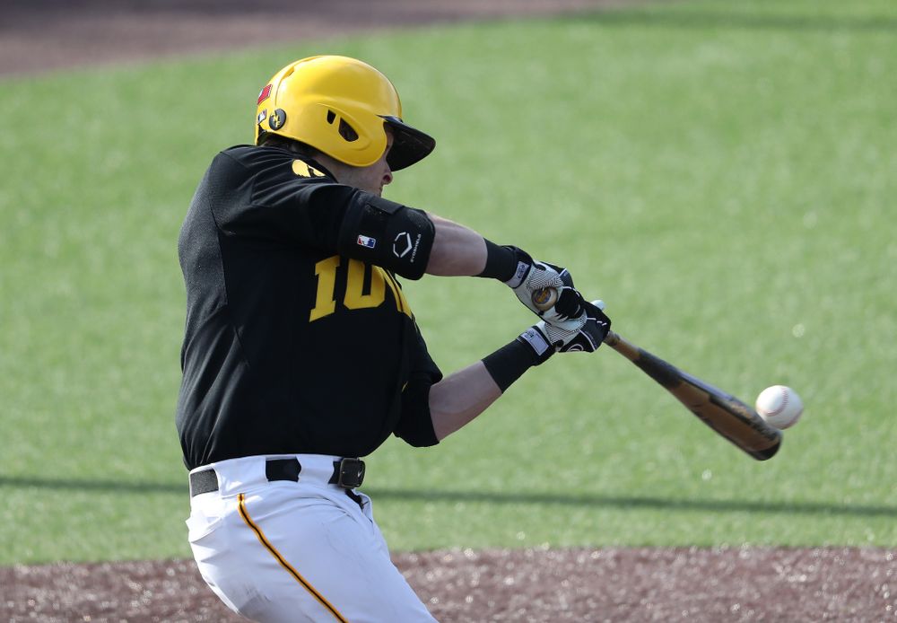 Iowa Hawkeyes infielder Mitchell Boe (4) reacts after hitting a game tying three-run homer against California State Northridge Sunday, March 17, 2019 at Duane Banks Field. (Brian Ray/hawkeyesports.com)