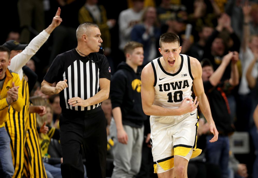Iowa Hawkeyes guard Joe Wieskamp (10) celebrates a three point basket against the Michigan Wolverines Friday, January 17, 2020 at Carver-Hawkeye Arena. (Brian Ray/hawkeyesports.com)