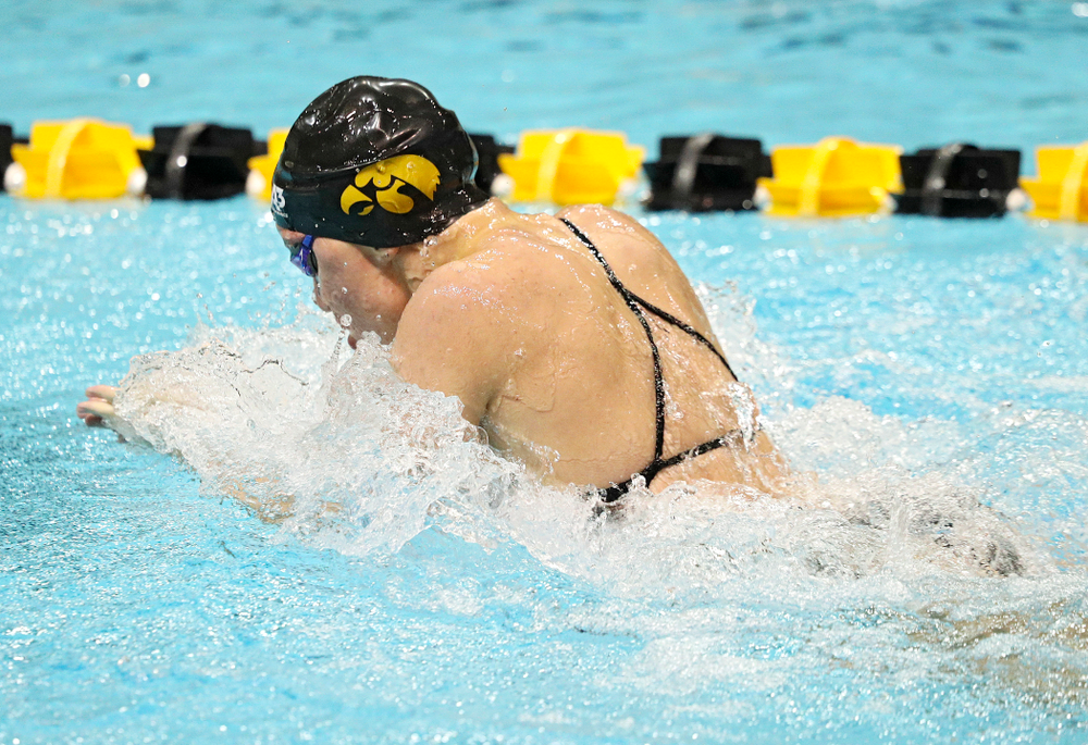 Iowa’s Sage Ohlensehlen swims the women’s 50-yard breaststroke event during their meet against Michigan State at the Campus Recreation and Wellness Center in Iowa City on Thursday, Oct 3, 2019. (Stephen Mally/hawkeyesports.com)