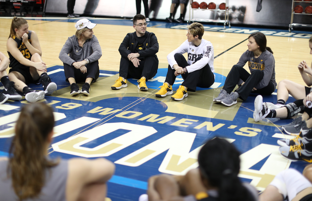 The Iowa Hawkeyes talk in their circle at the end of shoot around before their game against the NC State Wolfpack in the regional semi-final of the 2019 NCAA Women's College Basketball Tournament Saturday, March 30, 2019 at Greensboro Coliseum in Greensboro, NC.(Brian Ray/hawkeyesports.com)