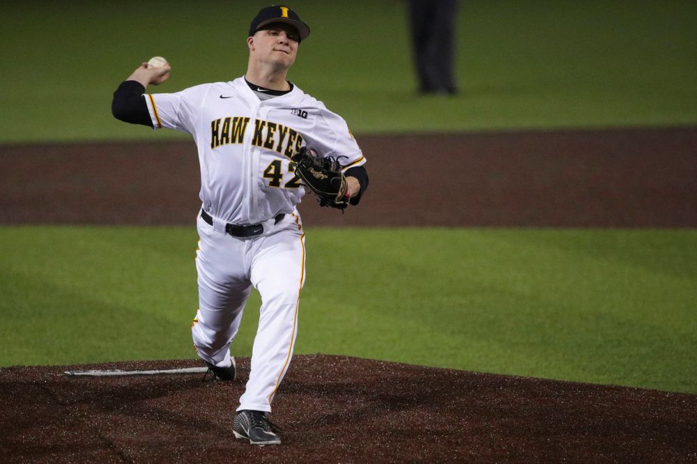 Iowa pitcher Trace Hoffman at game 1 vs Rutgers on Friday, April 5, 2019 at Duane Banks Field. (Lily Smith/hawkeyesports.com)