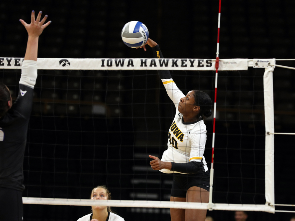 Iowa Hawkeyes outside hitter Griere Hughes (10) against Lipscomb Friday, September 20, 2019 at Carver-Hawkeye Arena. (Brian Ray/hawkeyesports.com)