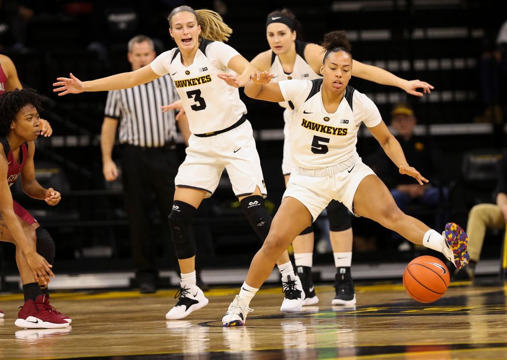 Iowa Hawkeyes guard Alexis Sevillian (5) defends during a game against North Carolina Central at Carver-Hawkeye Arena on November 17, 2018. (Tork Mason/hawkeyesports.com)