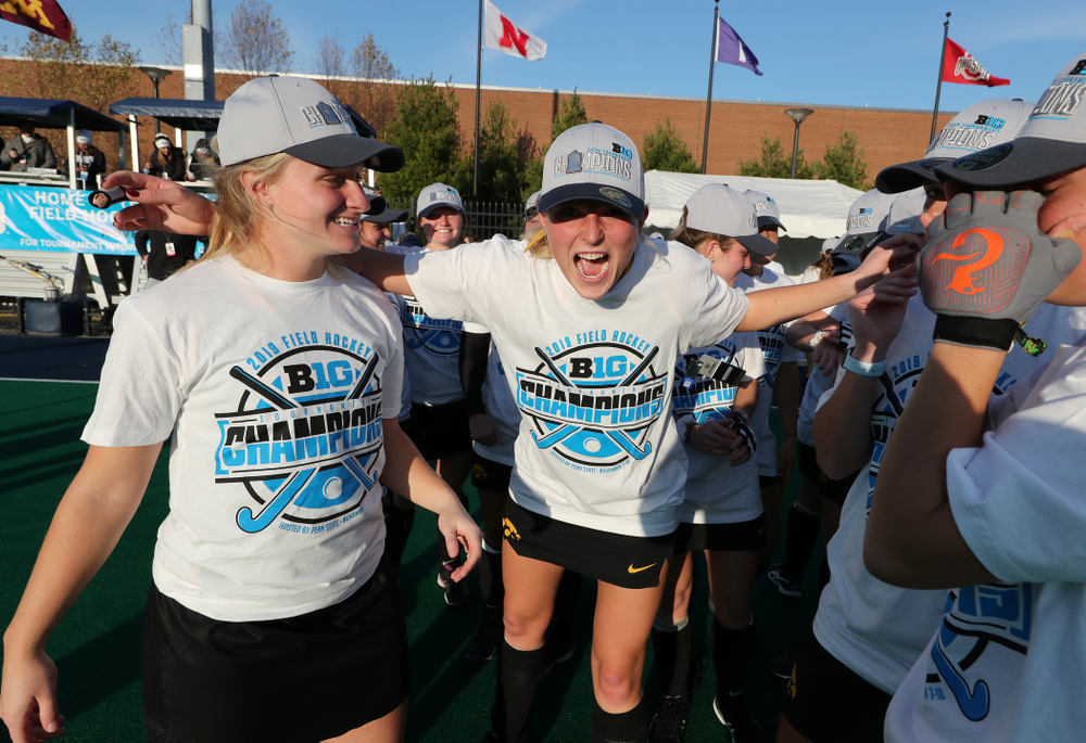 Iowa Hawkeyes Ellie Holley (7) celebrates their victory over Penn State in the 2019 Big Ten Field Hockey Tournament Championship Game Sunday, November 10, 2019 in State College. (Brian Ray/hawkeyesports.com)