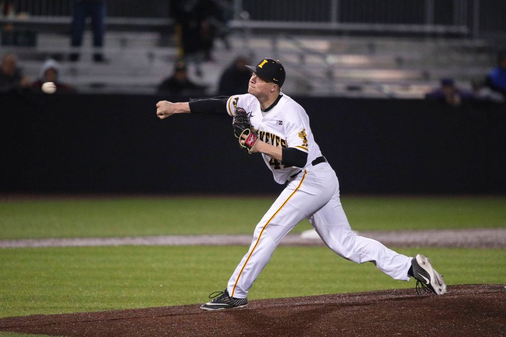 Iowa pitcher Trace Hoffman at game 1 vs Rutgers on Friday, April 5, 2019 at Duane Banks Field. (Lily Smith/hawkeyesports.com)