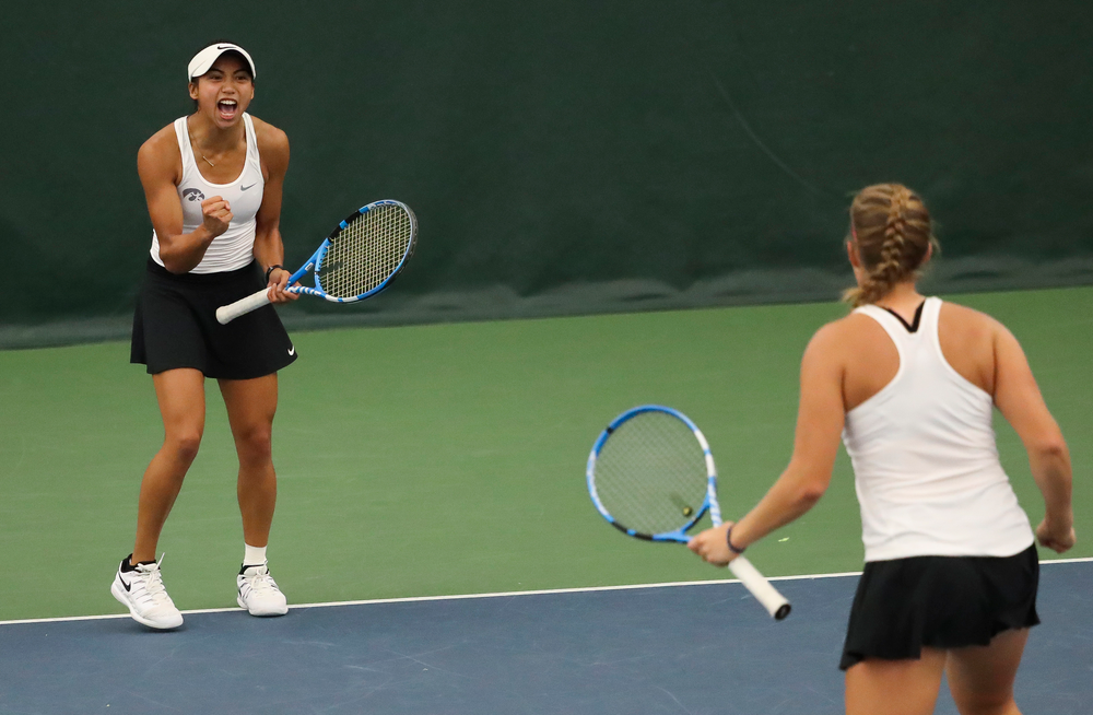 Michelle Bacalla reacts after winning a point in a doubles match during the second day of the ITA Central Regional Championships at the Hawkeye Tennis and Recreation Complex on October 13, 2018. (Tork Mason/hawkeyesports.com)