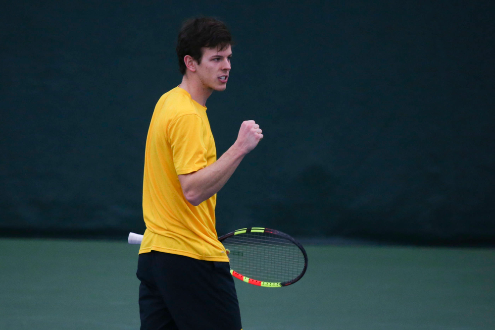 Iowa's Joe Tyler at a tennis match vs Drake Friday, March 8, 2019 at the Hawkeye Tennis and Recreation Complex. (Lily Smith/hawkeyesports.com)