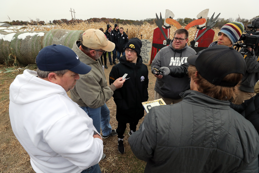 National Champion Spencer Lee answers questions from reporters during the teamÕs annual media day Wednesday, October 30, 2019 at Kroul Family Farms in Mount Vernon. (Brian Ray/hawkeyesports.com)