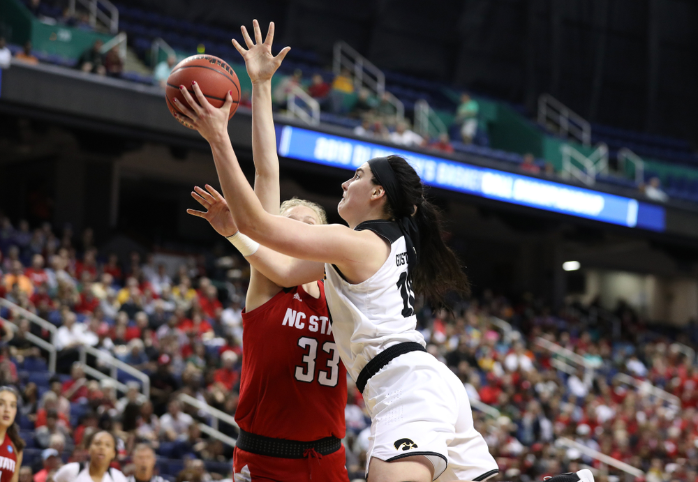 Iowa Hawkeyes forward Megan Gustafson (10) against the NC State Wolfpack in the regional semi-final of the 2019 NCAA Women's College Basketball Tournament Saturday, March 30, 2019 at Greensboro Coliseum in Greensboro, NC.(Brian Ray/hawkeyesports.com)
