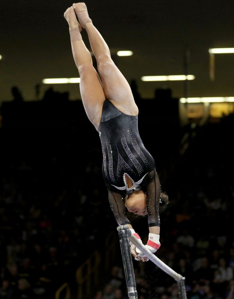 Iowa’s Clair Kaji competes on the bars against Michigan State Saturday, February 1, 2020 at Carver-Hawkeye Arena. (Brian Ray/hawkeyesports.com)