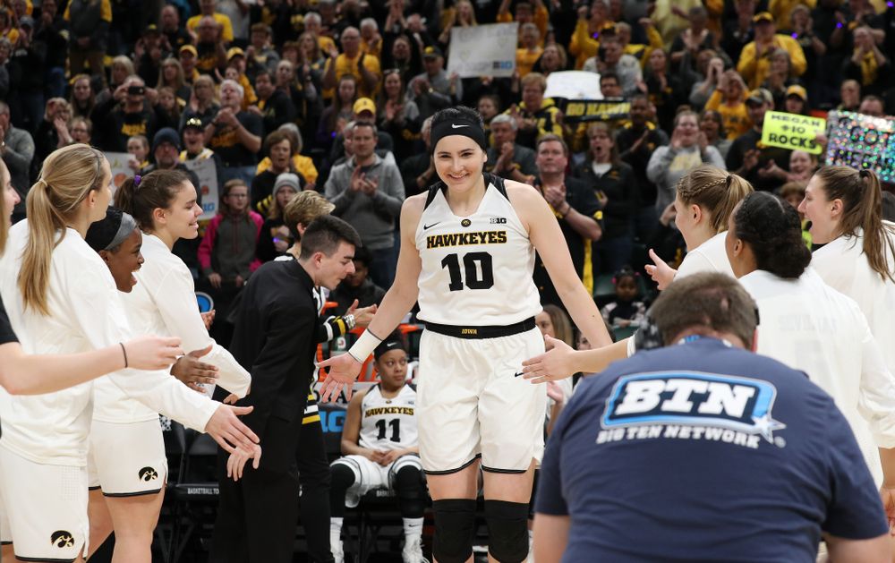 Iowa Hawkeyes forward Megan Gustafson (10) against the Indiana Hoosiers in the quarterfinals of the Big Ten Tournament Friday, March 8, 2019 at Bankers Life Fieldhouse in Indianapolis, Ind. (Brian Ray/hawkeyesports.com)
