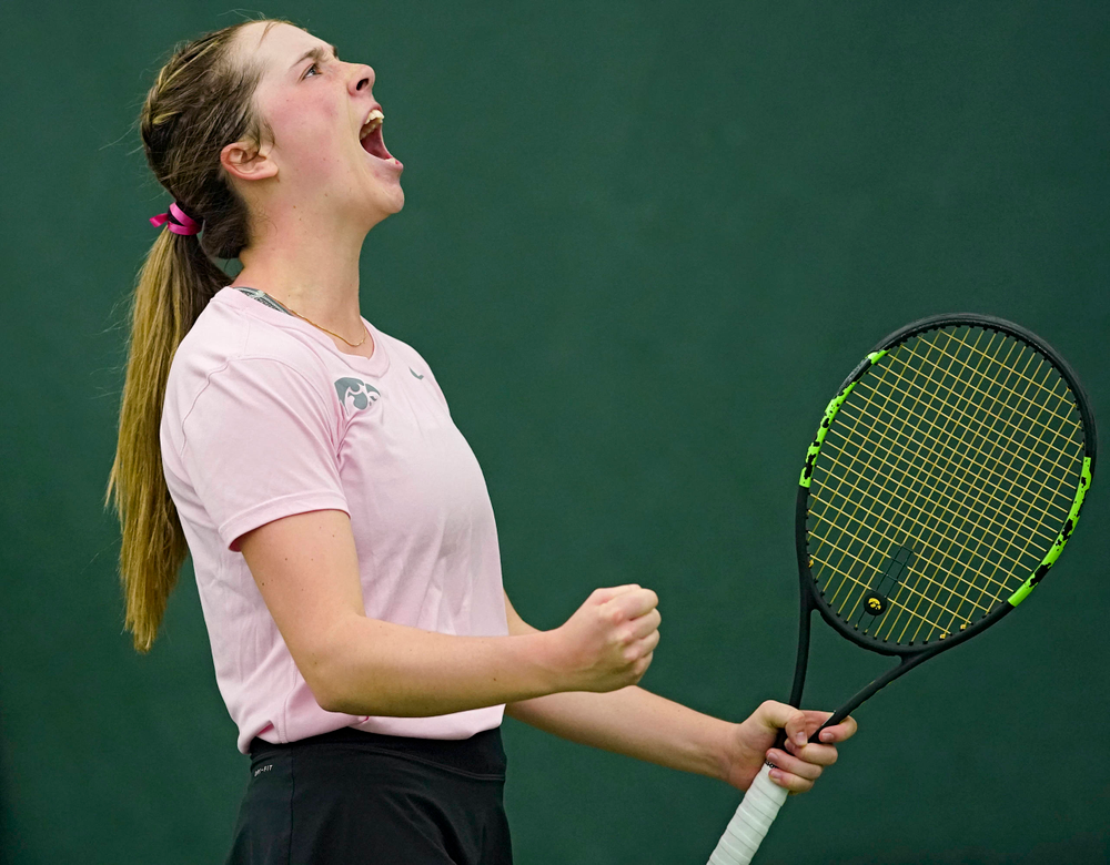 Iowa's Samantha Mannix celebrates during a match against Purdue at the Hawkeye Tennis and Recreation Complex in Iowa City on Friday, Mar. 29, 2019. (Stephen Mally/hawkeyesports.com)